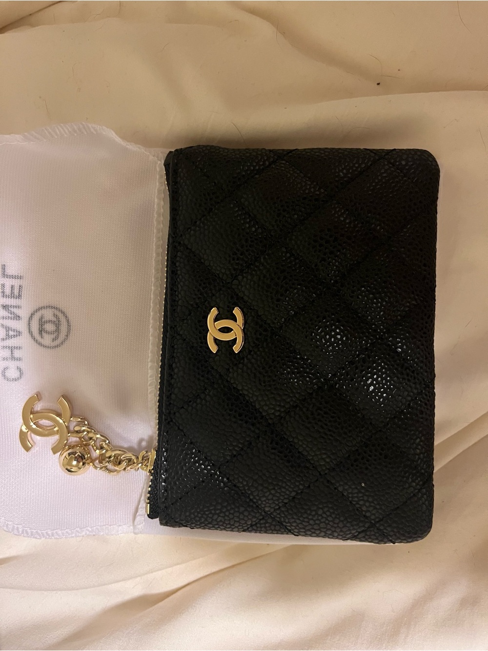 CHANEL Black Quilted Card Wallet with Gold CC Charm